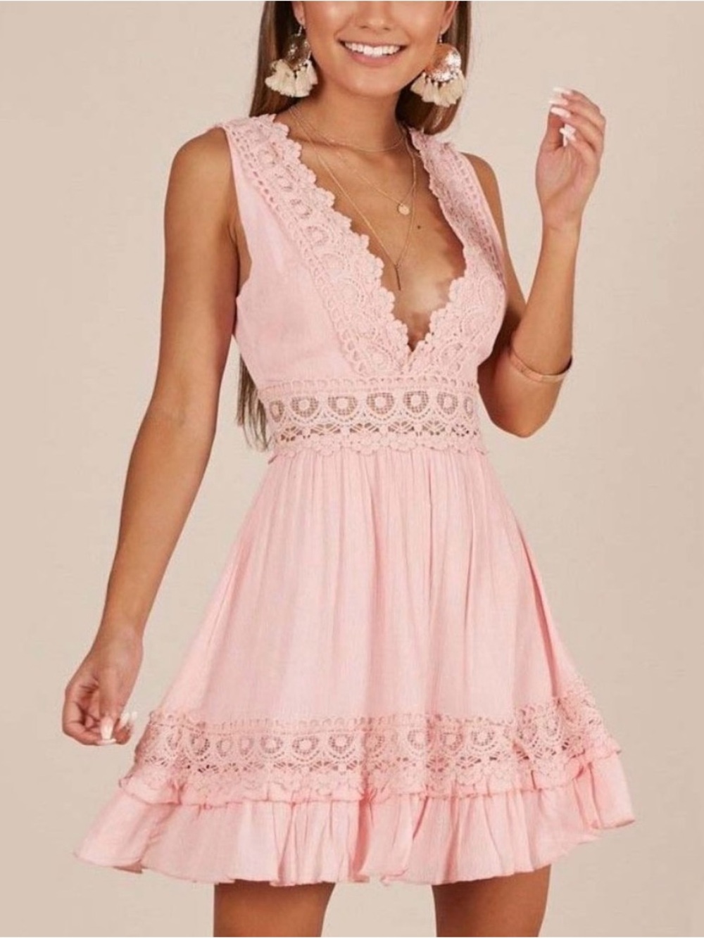 Showpo “simple as that” Lace-Trim Deep V Dress in Blush XS